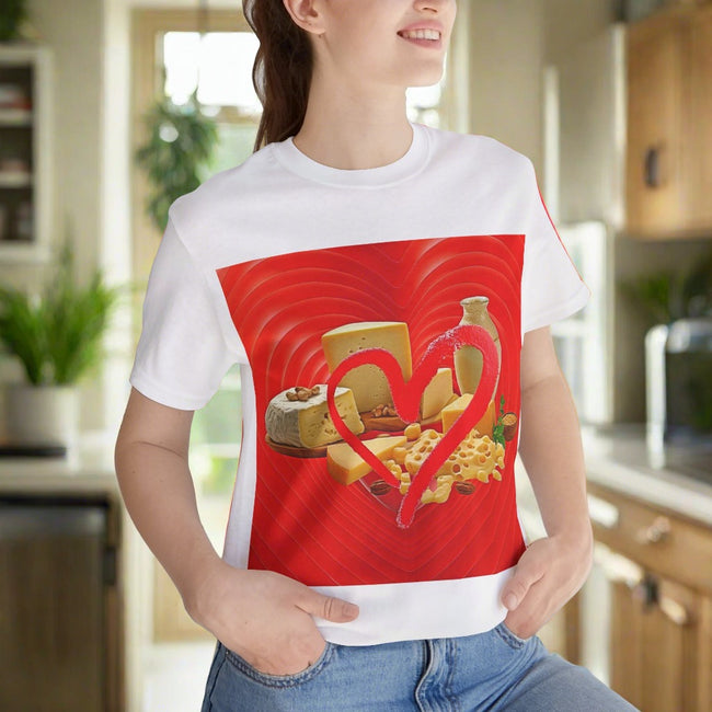 T-Shirt LOVE CHEESE Unisex Fun Beauty Food Art Jersey Short Sleeve Style Tee Fit Hot Red Heart Work Party Gift Happy Mother Girlfriend Boyfriend