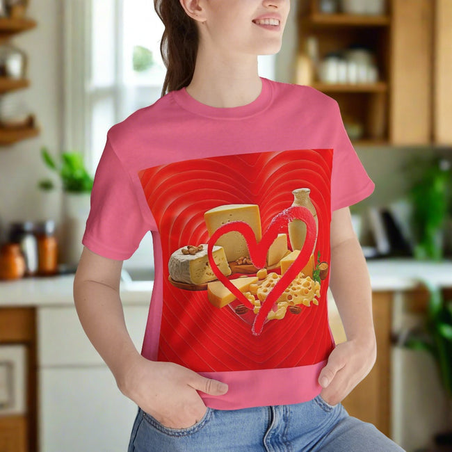 T-Shirt LOVE CHEESE Unisex Fun Beauty Food Art Jersey Short Sleeve Style Tee Fit Hot Red Heart Work Party Gift Happy Mother Girlfriend Boyfriend