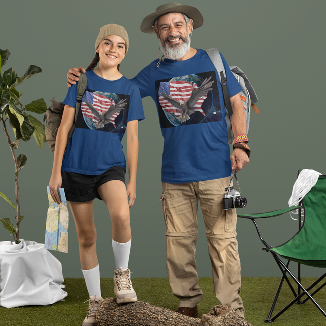 father and daughter wearing t-shirt with American flag