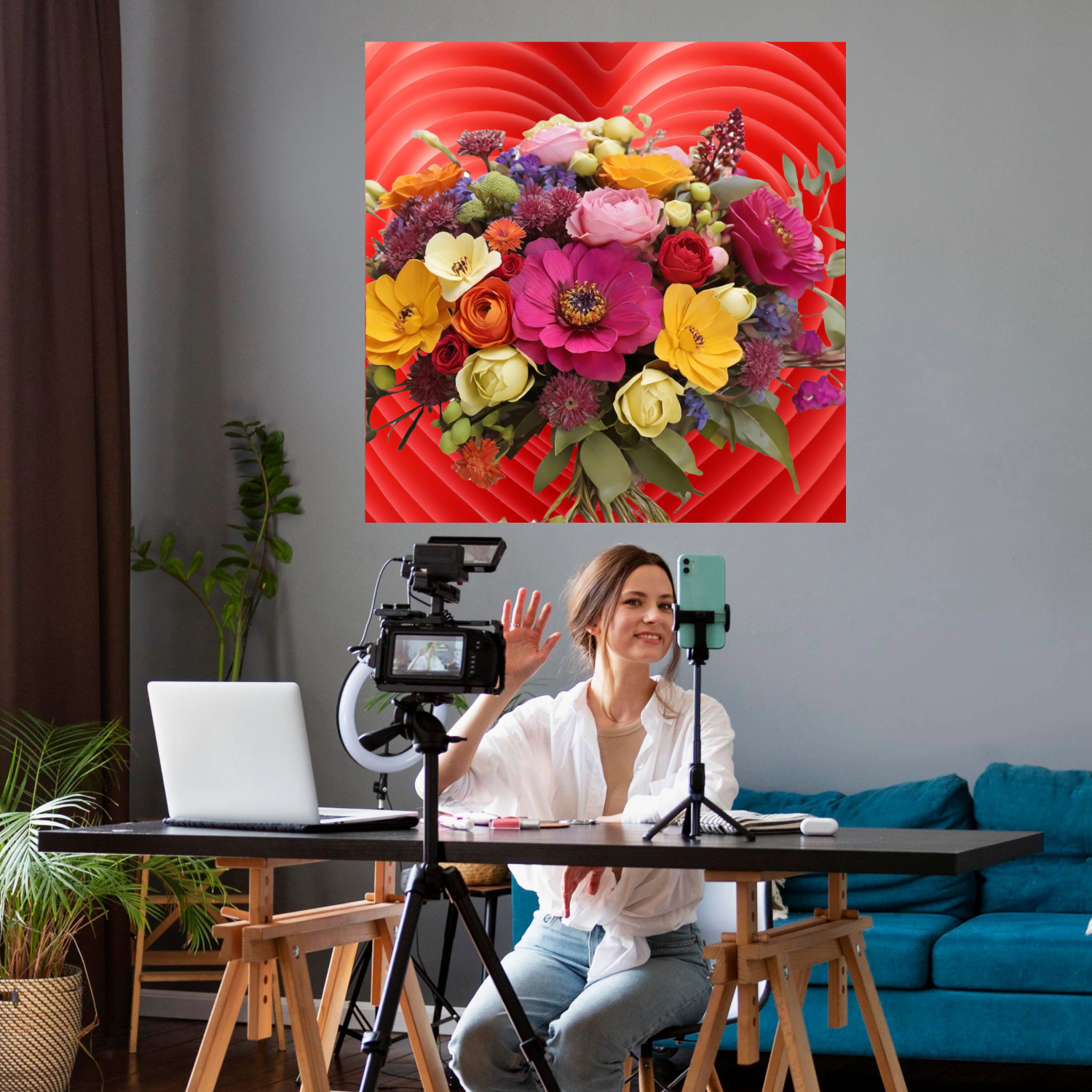 Wall Art LOVE FLOWERS Canvas Print Painting Original Giclee 32X32 GW Love Nice Beauty Fun Design Fit Hot House Home Office Gift Ready Hang Living