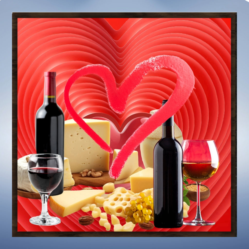 Wall Art LOVE WINE & CHEESE Painting Original Giclee Print Canvas 32X32 + Frame Nice Heart Beauty Fun Design Fit Hot House Home Living Office Gift Ready to Hang