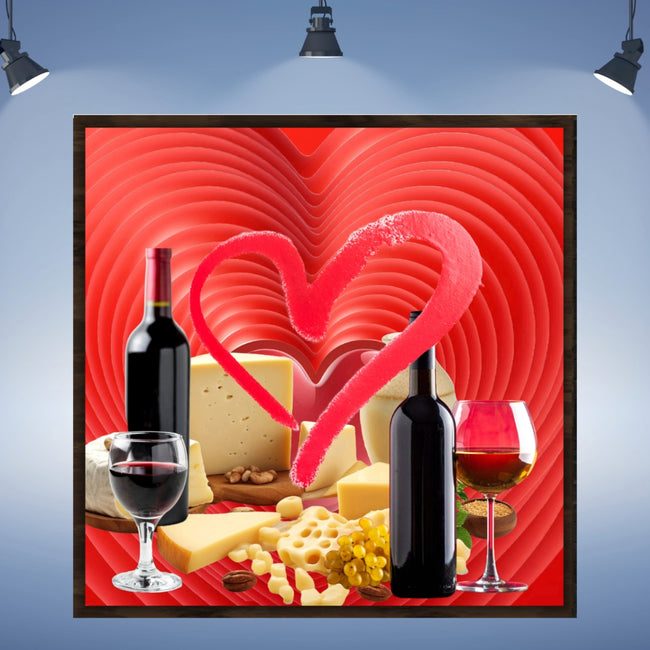 Wall Art LOVE CHEESE & WINE Painting Original Giclee Print Canvas 32X32 + Frame Nice Heart Beauty Fun Design Fit Hot House Home Living Office Gift Ready to Hang