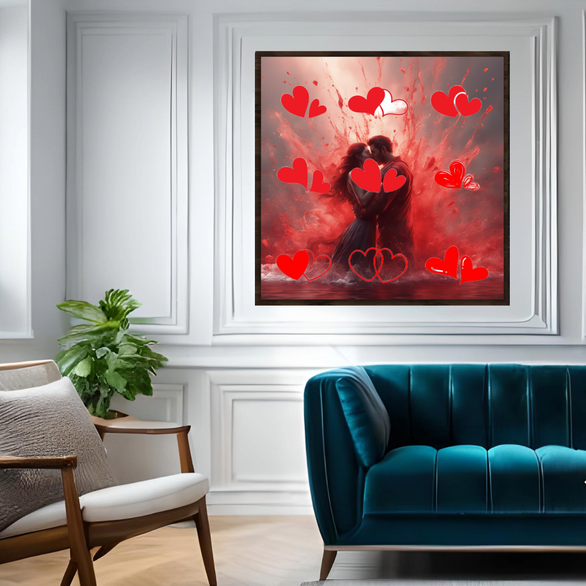 Wall Art THE KISS in RED Canvas Print Painting Original Giclee 32X32 + Frame Love Nice Beauty Fun Design Fit Red House Gift Ready Hang Living