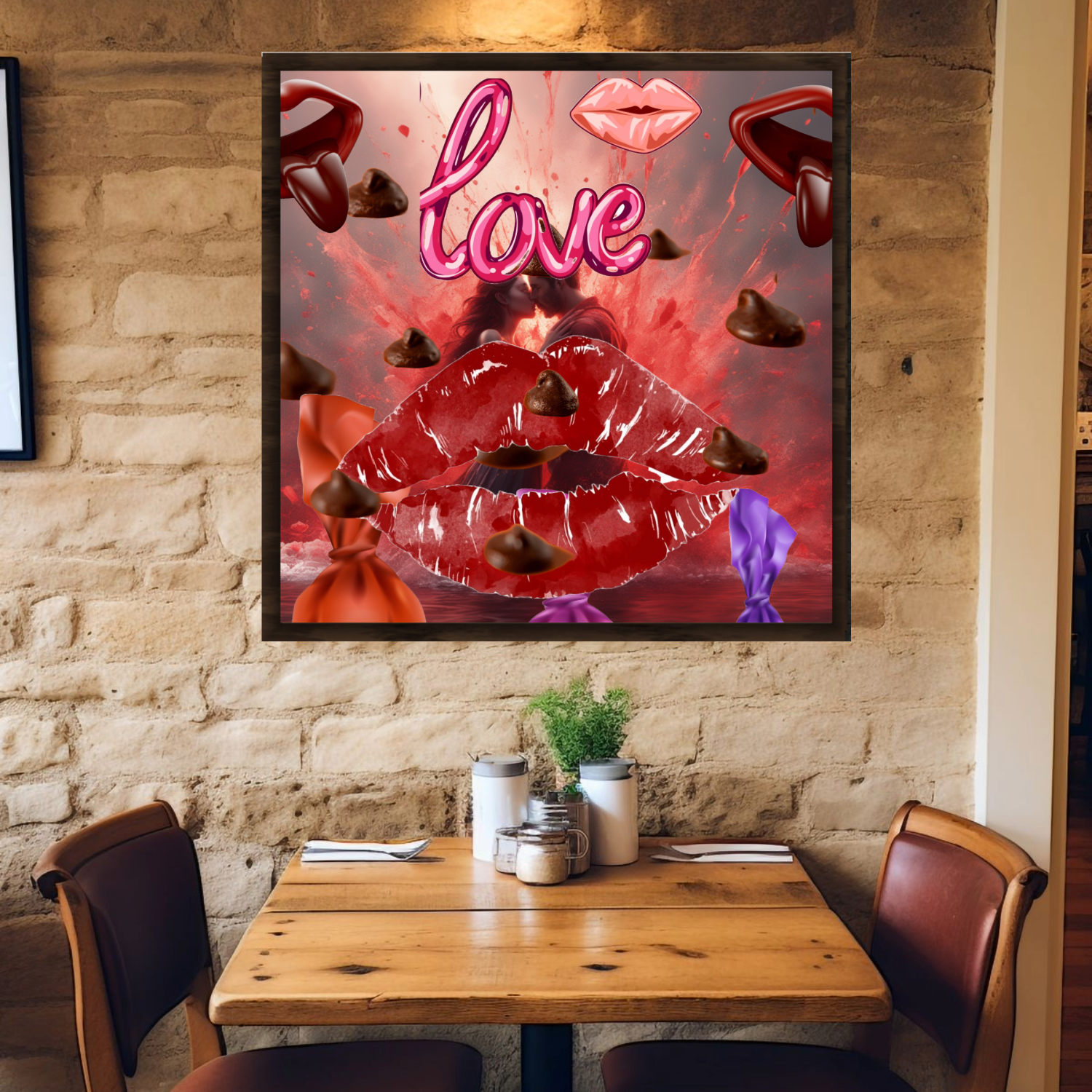 Wall Art LOVE KISSES CHOCOLATE Canvas Print Painting Original Giclee 32X32 + Frame Love Nice Beauty Fun Design Fit Hot House Home Office Gift Ready Hang