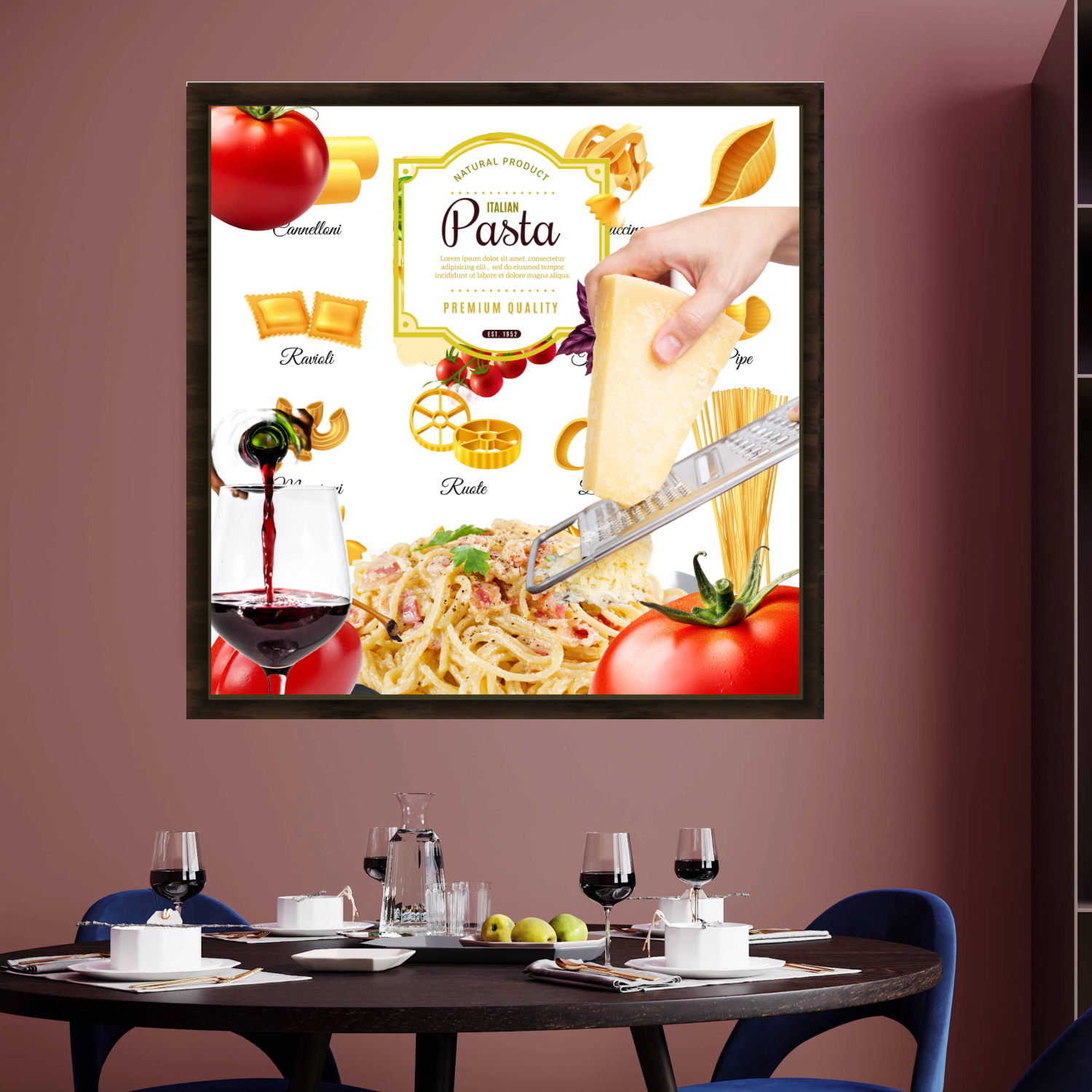 Wall Art PASTA Canvas Print Painting Original Giclee 32X32 + Frame  Italian Food Beauty Fun Design Fit Decor Kitchen Dining Room House Home Gift Ready Hang
