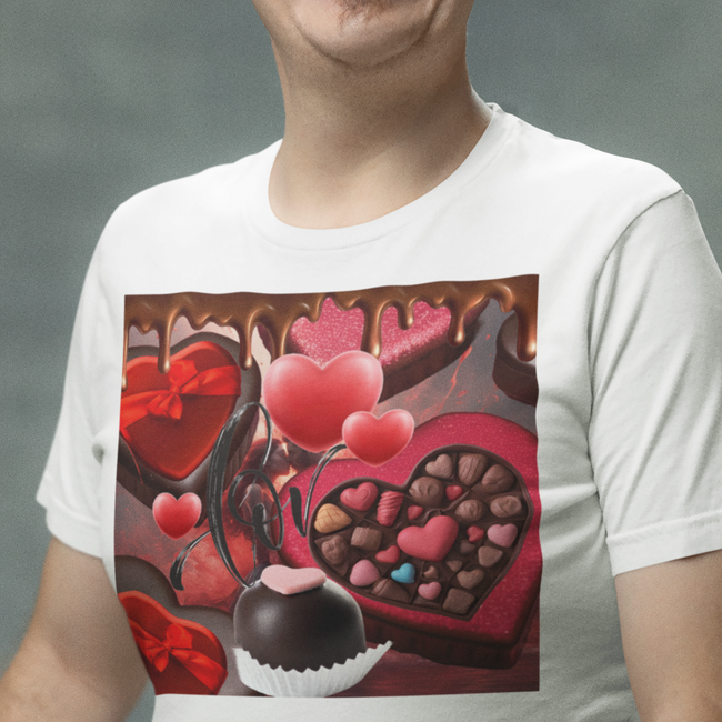 T-Shirt LOVE CHOCOLATE part of the LOVE in RED Collection T-Shirt Unisex Fun Beauty T-shirt Jersey Short Sleeve Tee part of VoulezNet Art Deco Collection for Work, Fun, Party