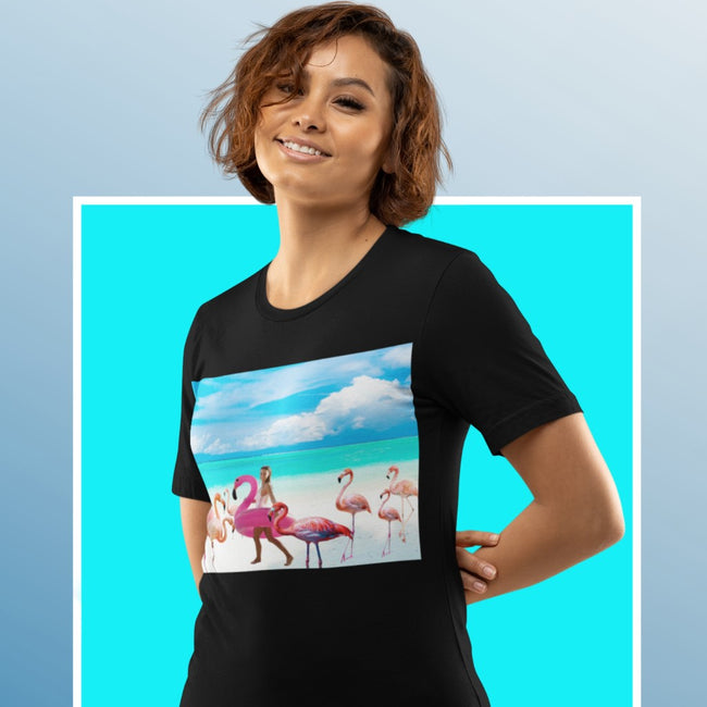 T-Shirt FLAMINGO BEACH Unisex Fun Beauty Art Ocean Water Sun Sand Design Jersey Short Sleeve Style Tee Fit Hot Pink Heart for Work Party Gift Happy Mother Girlfriend
