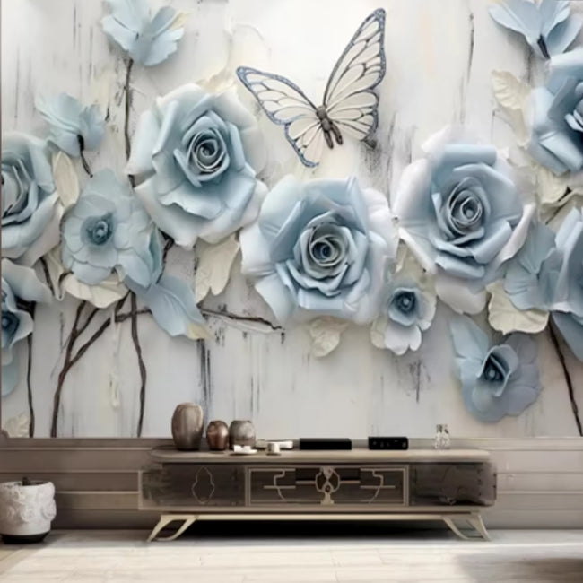 Blue Roses Artistic Mural Wallcovering #43 | Modern 3D | 9+ Sizes | 7 Materials