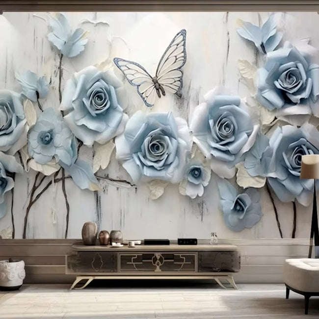 Blue Roses Artistic Mural Wallcovering #43 | Modern 3D | 9+ Sizes | 7 Materials