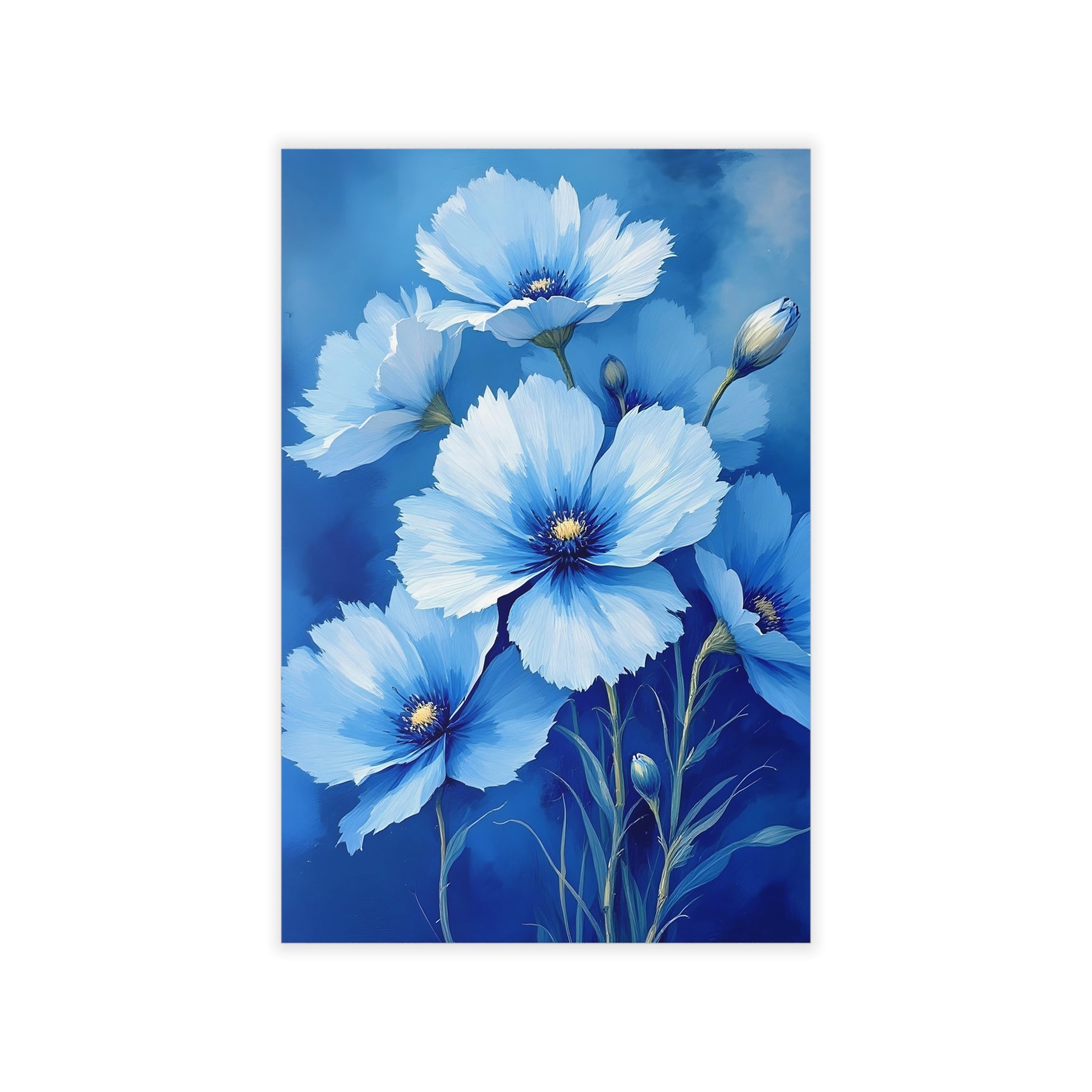 BLUE FLOWERS Wall Art Decor Peel & Stick Removable Repositionable Frameable Home Decor Gift