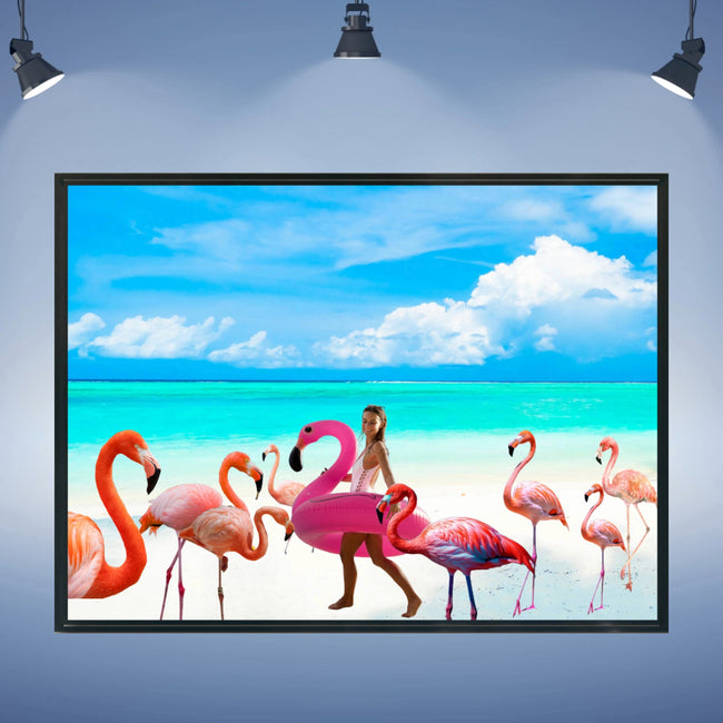 Wall Art FLAMINGO BEACH Painting Original Giclee Print Canvas 40X30 + Frame Nice Blue Ocean Water Sand Beauty Fun Design Fit Hot House Home Living Gift Ready to Hang