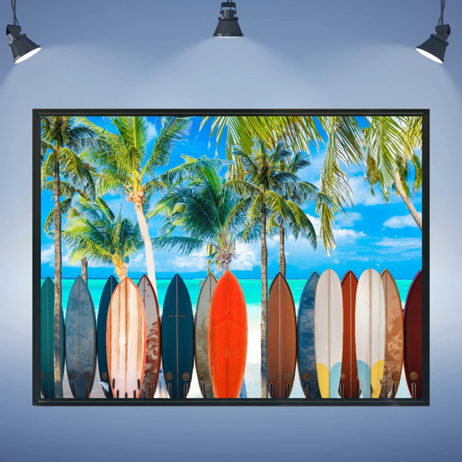 Wall Art PALM BEACH SURFING Painting Original Giclee Print Canvas 40X30 + Frame Nice Blue Ocean Water Sand Beauty Fun Design Fit Hot House Home Living Gift Ready to Hang