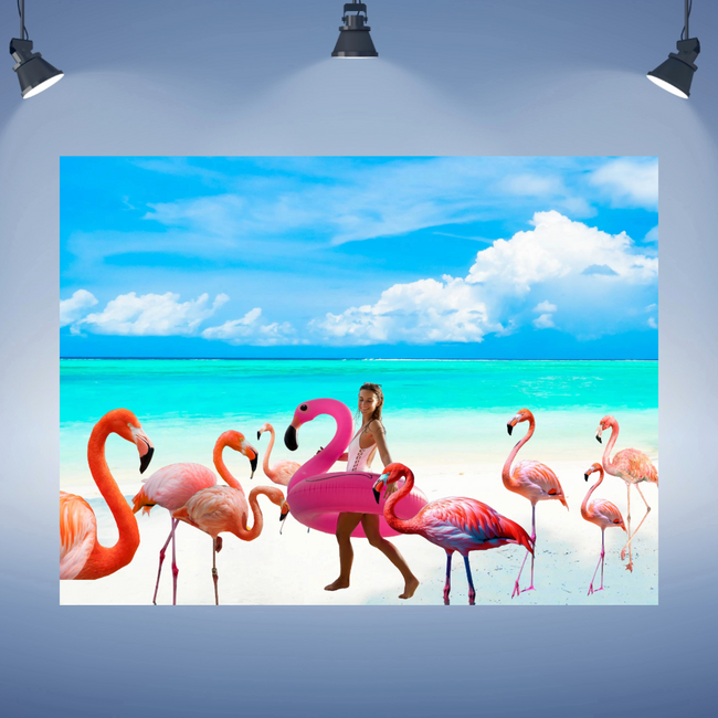 Wall Art FLAMINGO BEACH Canvas Print Painting Original Giclee 40X30 GW Nice Beauty Ocean Blue Water Sand Fun Design Fit Red Hot House Home Living Office Gift Ready to Hang