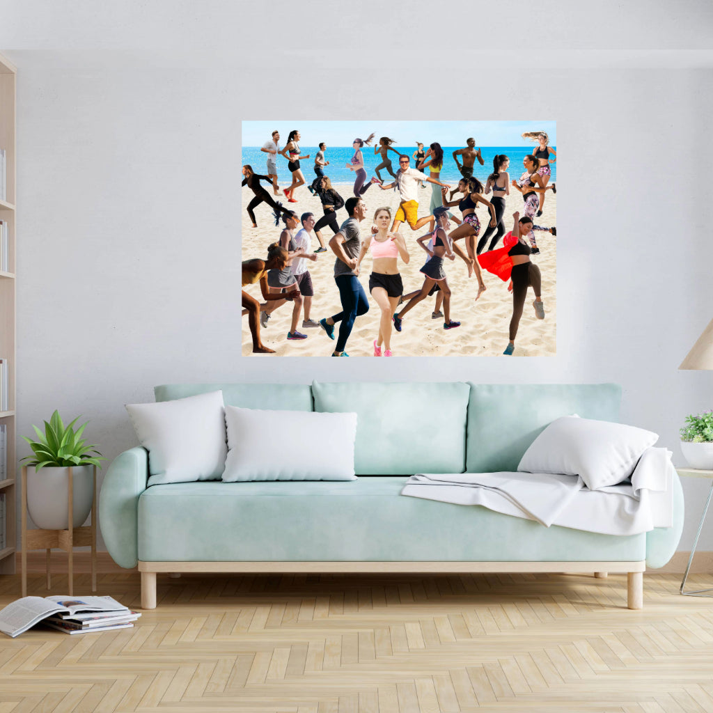 Wall Art Canvas BEACH RUNNERS Sport Print Painting Original Giclee Nice Beauty Ocean Blue Water Sand Fun Design Fit Red Hot House Home Living Office Gift Ready to Hang