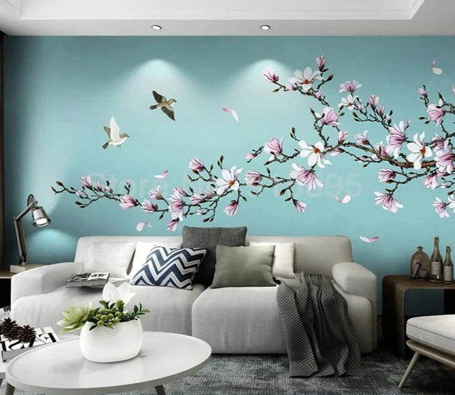 Flowers & Birds Mural Chinese Style Artistic Wallcovering #22 | Modern 3D | 9+ Sizes | 7 Materials