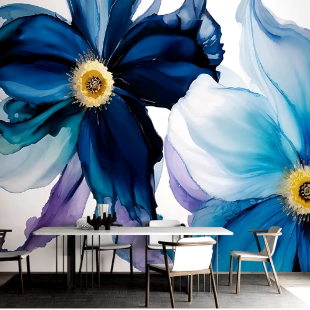 Ink Art Blue Flowers Artistic Mural Wallcovering #44 | 3D Home Wall Decor | 9+ Sizes | 7 Materials