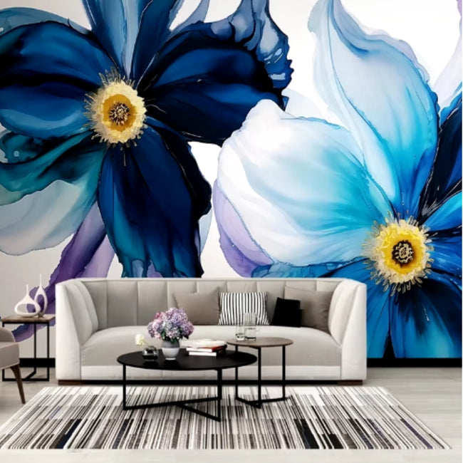 Ink Art Blue Flowers Artistic Mural Wallcovering #44 | 3D Home Wall Decor | 9+ Sizes | 7 Materials