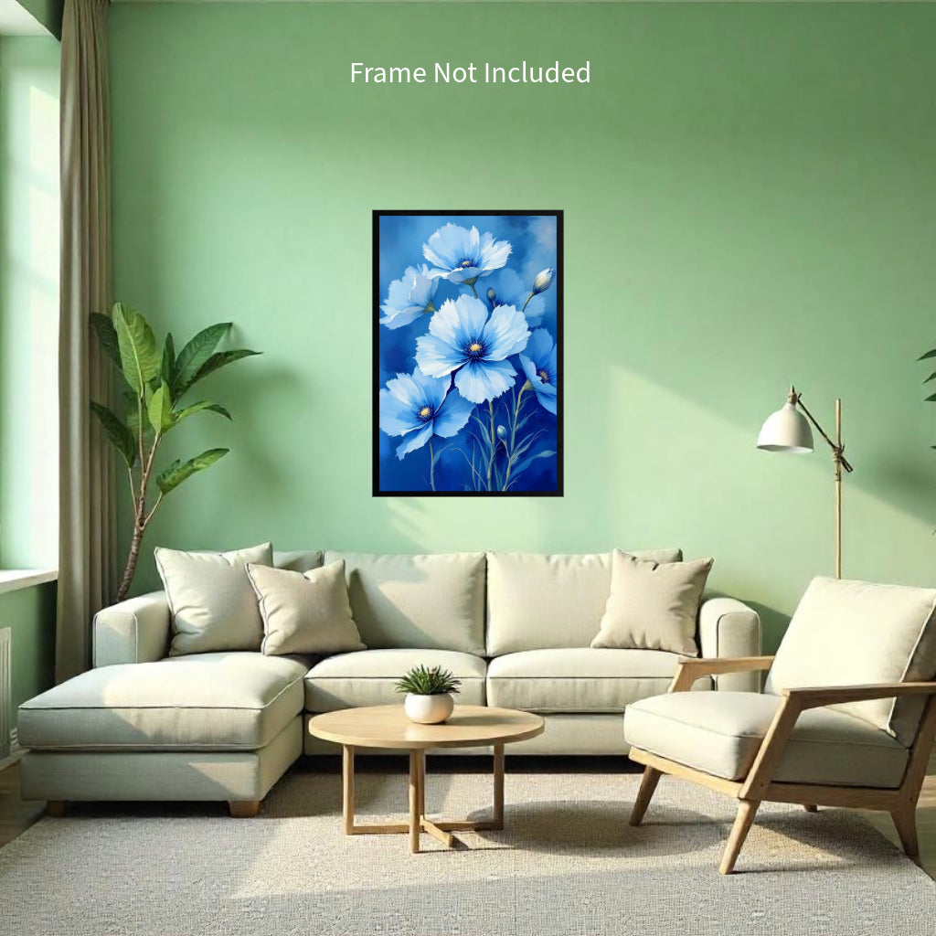 BLUE FLOWERS Wall Art Decor Peel & Stick Removable Repositionable Frameable Home Decor Gift