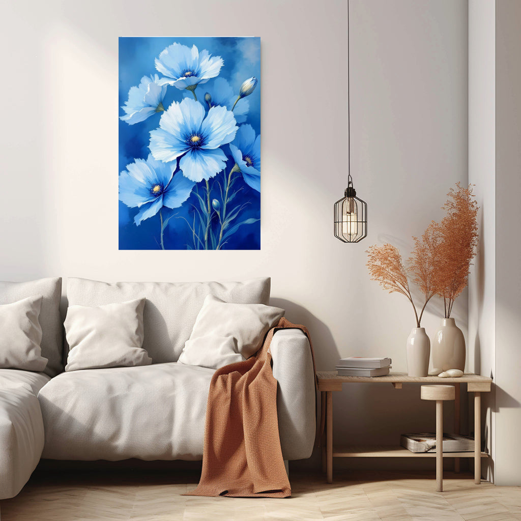 BLUE FLOWERS Wall Art Decor Peel & Stick Removable Repositionable Frameable Home Decor Gift