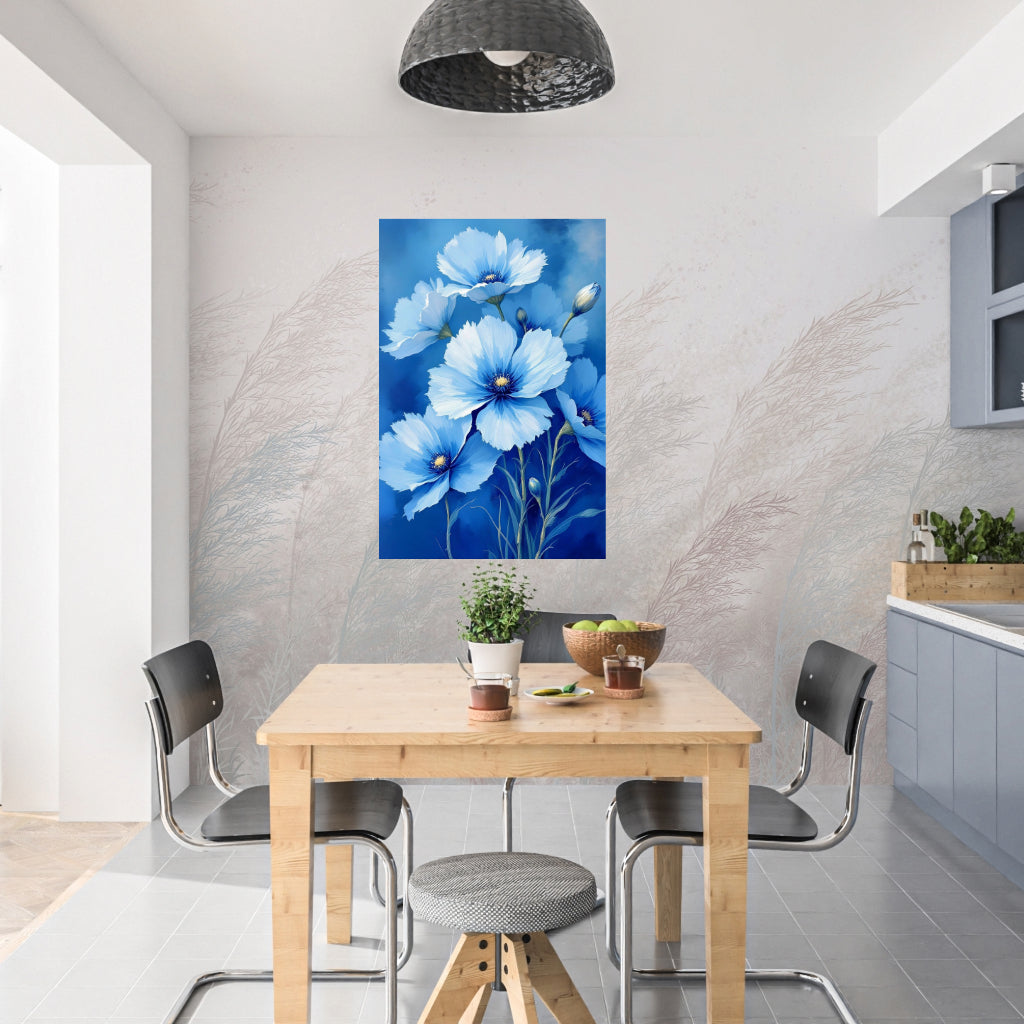 BLUE FLOWERS Wall Art Decor Peel & Stick Removable Repositionable Frameable Home Decor Gift