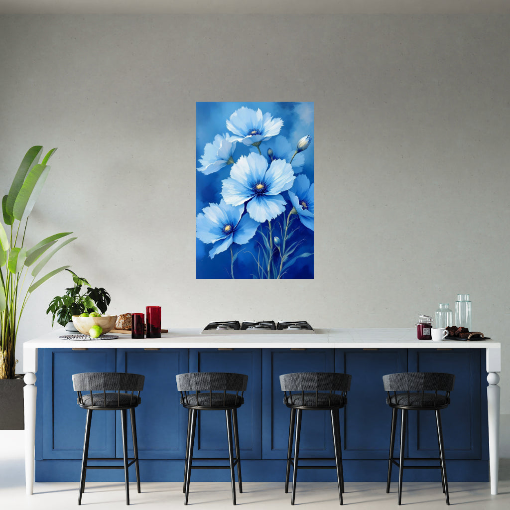 BLUE FLOWERS Wall Art Decor Peel & Stick Removable Repositionable Frameable Home Decor Gift