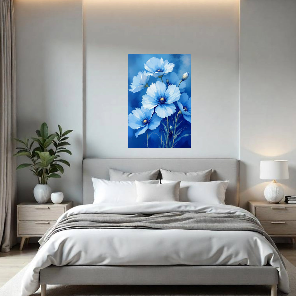 BLUE FLOWERS Wall Art Decor Peel & Stick Removable Repositionable Frameable Home Decor Gift