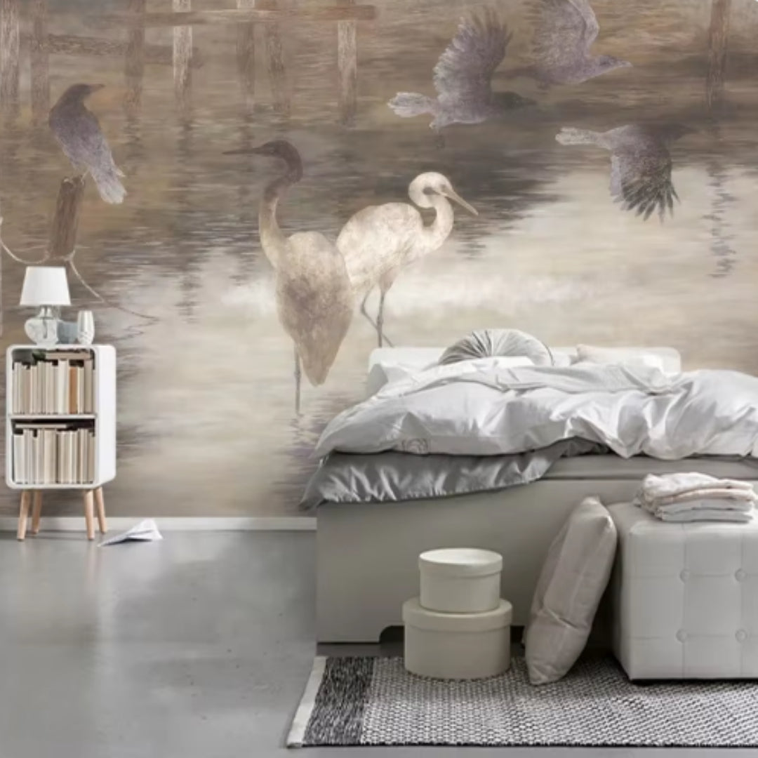 Nature Lotus Pond Crane Artistic Mural #56 | Modern Wallcovering Home Decor | 9+ Sizes | 7 Materials