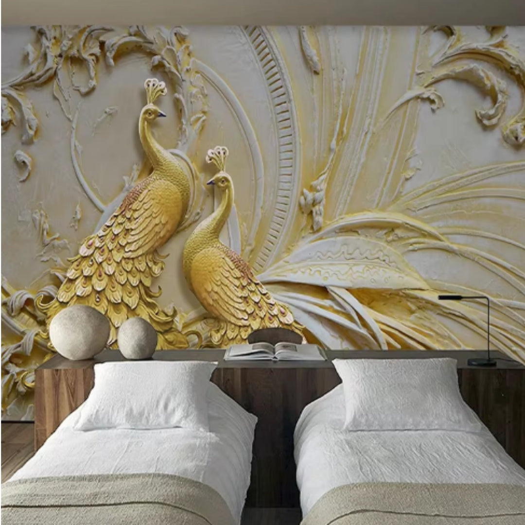 3D Stereoscopic Embossed Golden Peacock Mural Wallcovering #50 | Modern  Home Decor | 9+ Sizes | 7 Materials