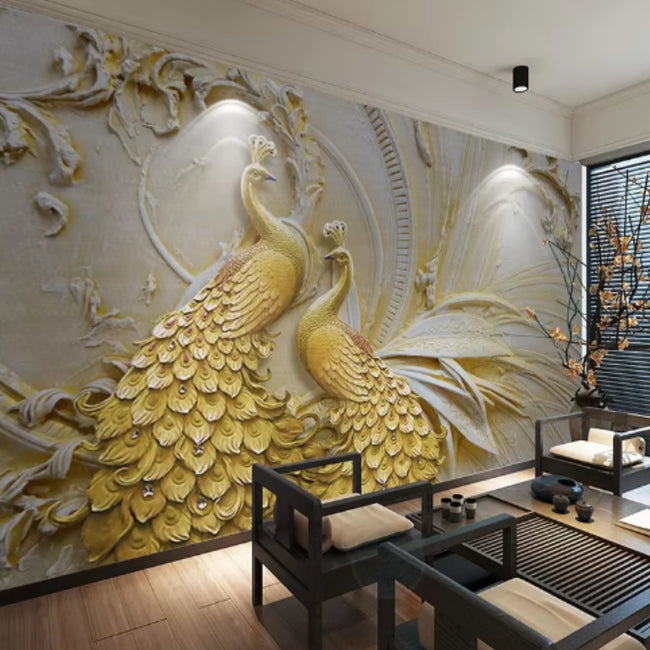 3D Stereoscopic Embossed Golden Peacock Mural Wallcovering #50 | Modern  Home Decor | 9+ Sizes | 7 Materials