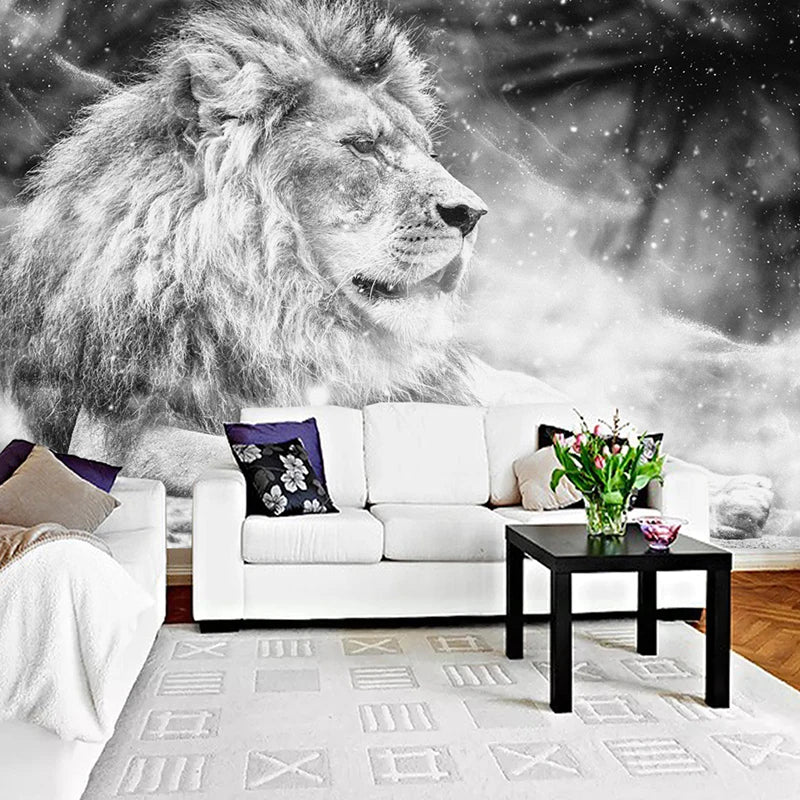 Lion Mural Wallcovering #13 | 3D Home Wall Decor | B & W | 9+ Sizes | 7 Materials