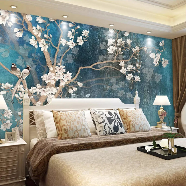 Blue Vintage 3D Artistic Mural Wallcovering from Hand Painted Flowers Birds #67 | Wallpaper Home Wall Decor | Choice of 7 Materials | 9 Sizes