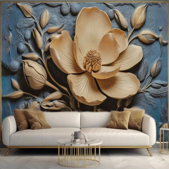 Golden Flowers 3D Artistic Mural Floral  Wallcovering #31 | Choose from 7 Materials | 9+ Sizes