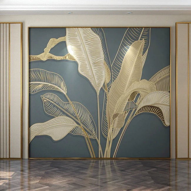 Large Gold Leaves Artistic Mural Wallcovering #65 | 3d Wallcovering Home Wall Decor | Choice of 7 Materials | 9+ Saizes