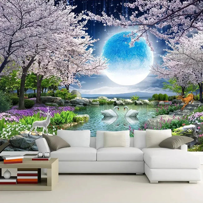 Moon Cherry Blossom Tree Nature Landscape Artistic Mural Wallcovering #55 | Modern Wallpaper Home Decor | Choose from 7 Materials | 9+ Sizes