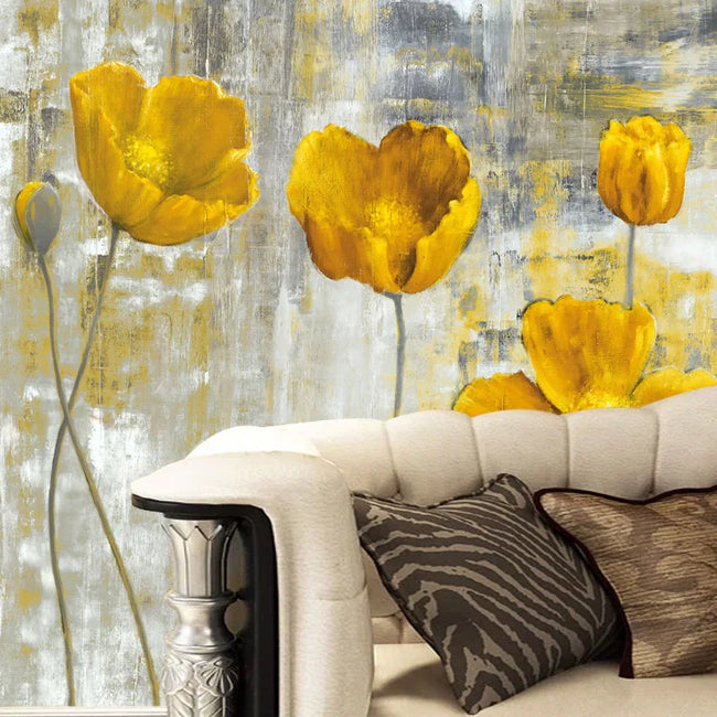 Yellow Flowers Artistic 3D Mural Wallcovering #47 | Home Wall Decor | 9+ Sizes | 7 Materials