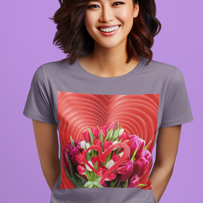 T-Shirt LOVE TULIPS Unisex Fun Beauty Flower Art Jersey Short Sleeve Style Tee Fit Hot Red Heart Work Party Gift Happy Mother Girlfriend