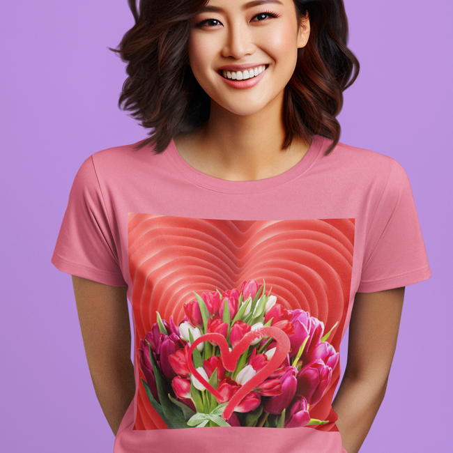 T-Shirt LOVE TULIPS Unisex Fun Beauty Flower Art Jersey Short Sleeve Style Tee Fit Hot Red Heart Work Party Gift Happy Mother Girlfriend
