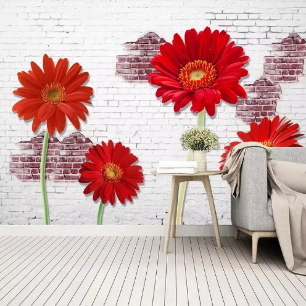 White Brick Wall Red Flowers Mural Wallcovering #41 | Home Decor | 9+ Sizes | 7 Materials