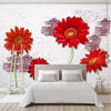 White Brick Wall Red Flowers Mural Wallcovering #41 | Home Decor | 9+ Sizes | 7 Materials