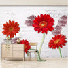 White Brick Wall Red Flowers Mural Wallcovering #41 | Home Decor | 9+ Sizes | 7 Materials