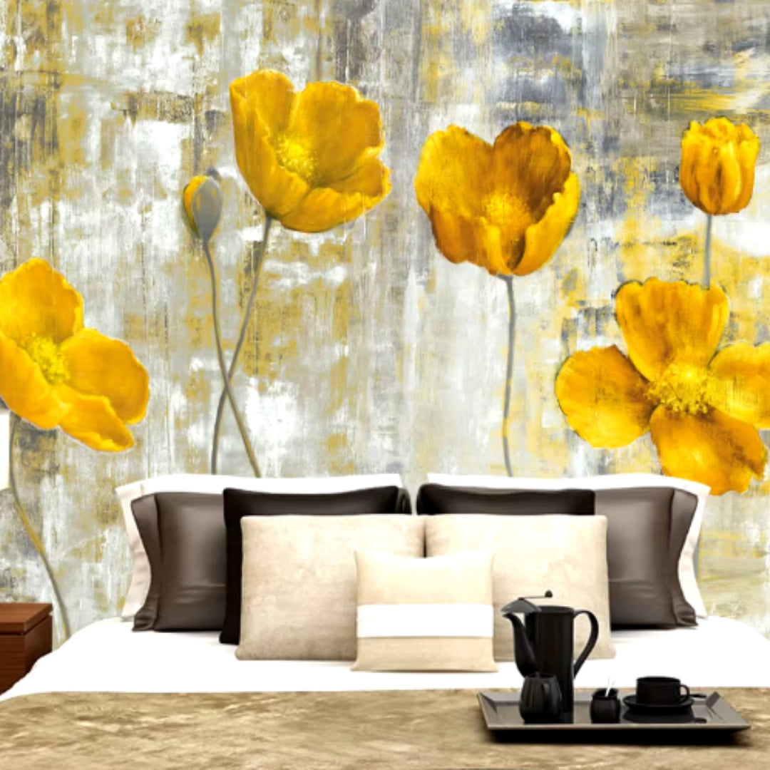 Yellow Flowers Artistic Mural Wallcovering #47 | 3D Home Wall Decor | B & W | 9+ Sizes | 7 Materials